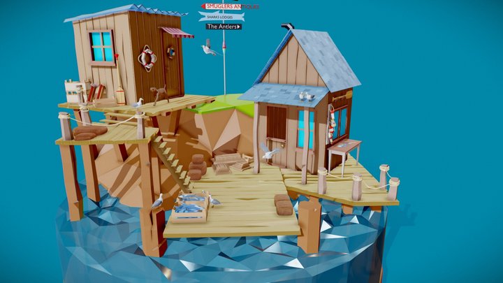 Old pier dock - Low poly scene 3D Model