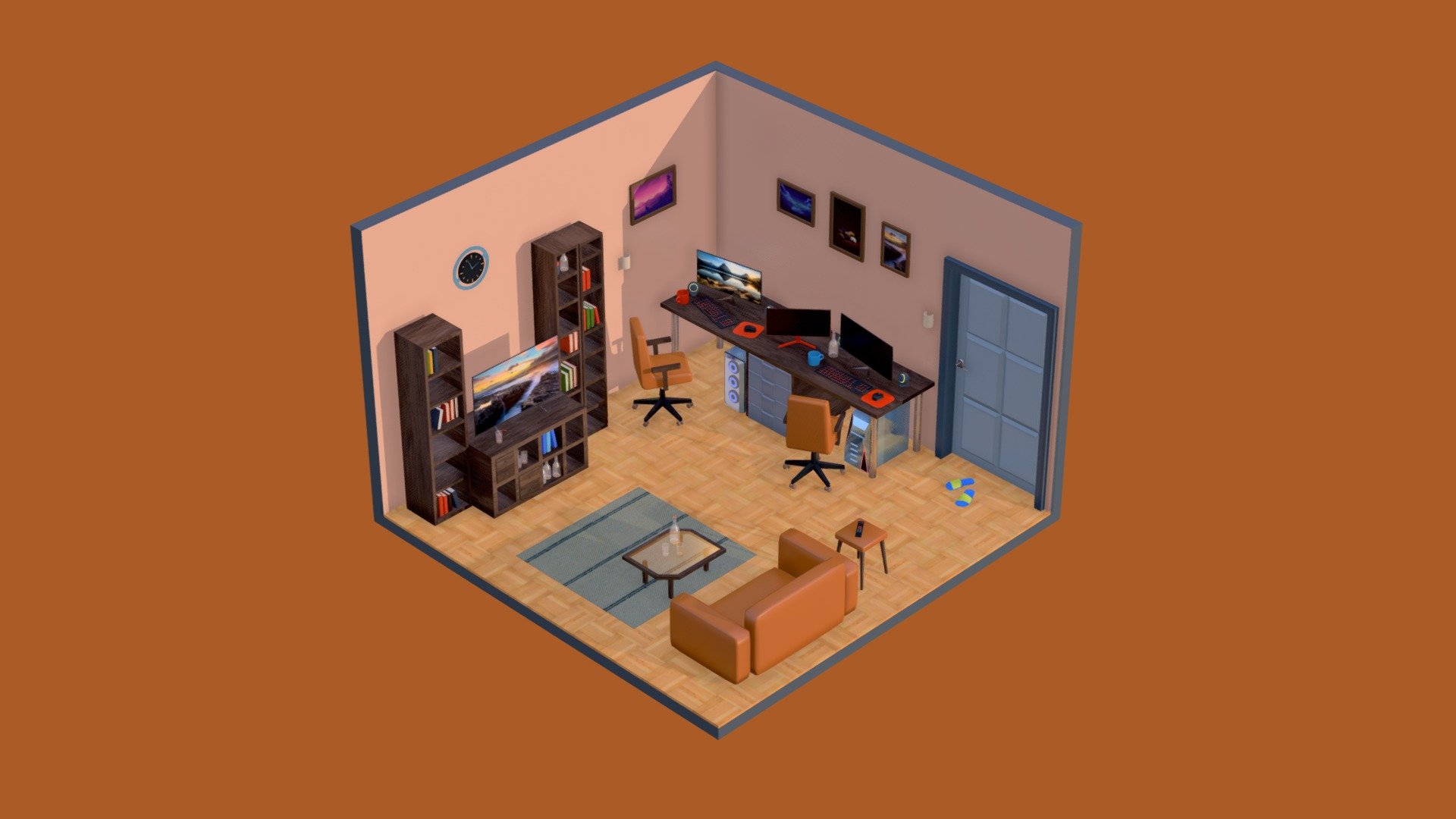 Isometric room, house, game-ready, poly. Download Free 3D model gbarzu (@gbarzu)