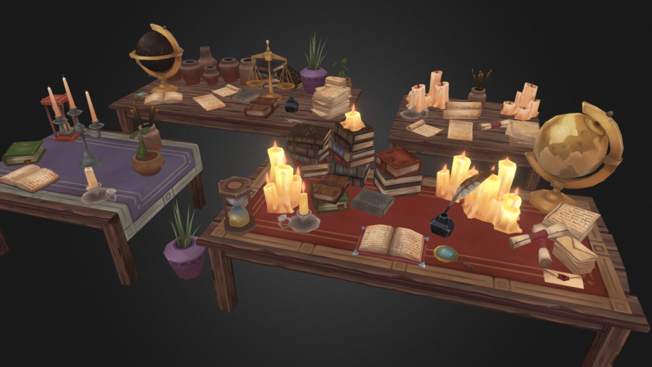 3D model Fantasy Props - This is a 3D model of the Fantasy Props. The 3D model is about a table with candles and other objects on it.