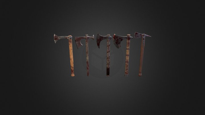 Set of five viking medieval axes (blood texture) 3D Model