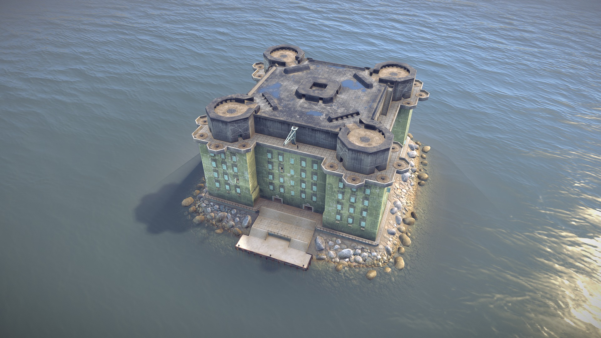 3D model WW2 FlakTurm IV Island - This is a 3D model of the WW2 FlakTurm IV Island. The 3D model is about a military ship in the water.