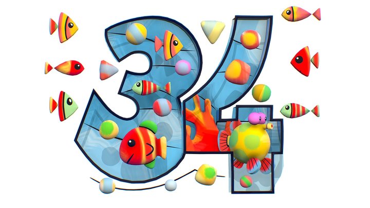 Cartoon 3D illustration Number 3 4 Fish 3D Model