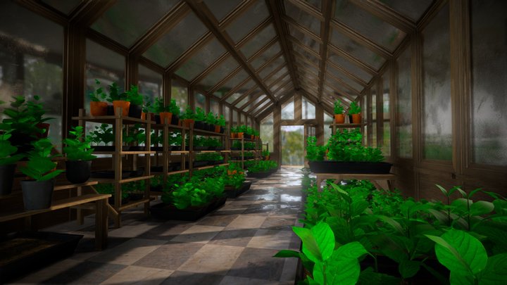 Wooden Greenhouse with Plants 3D Model