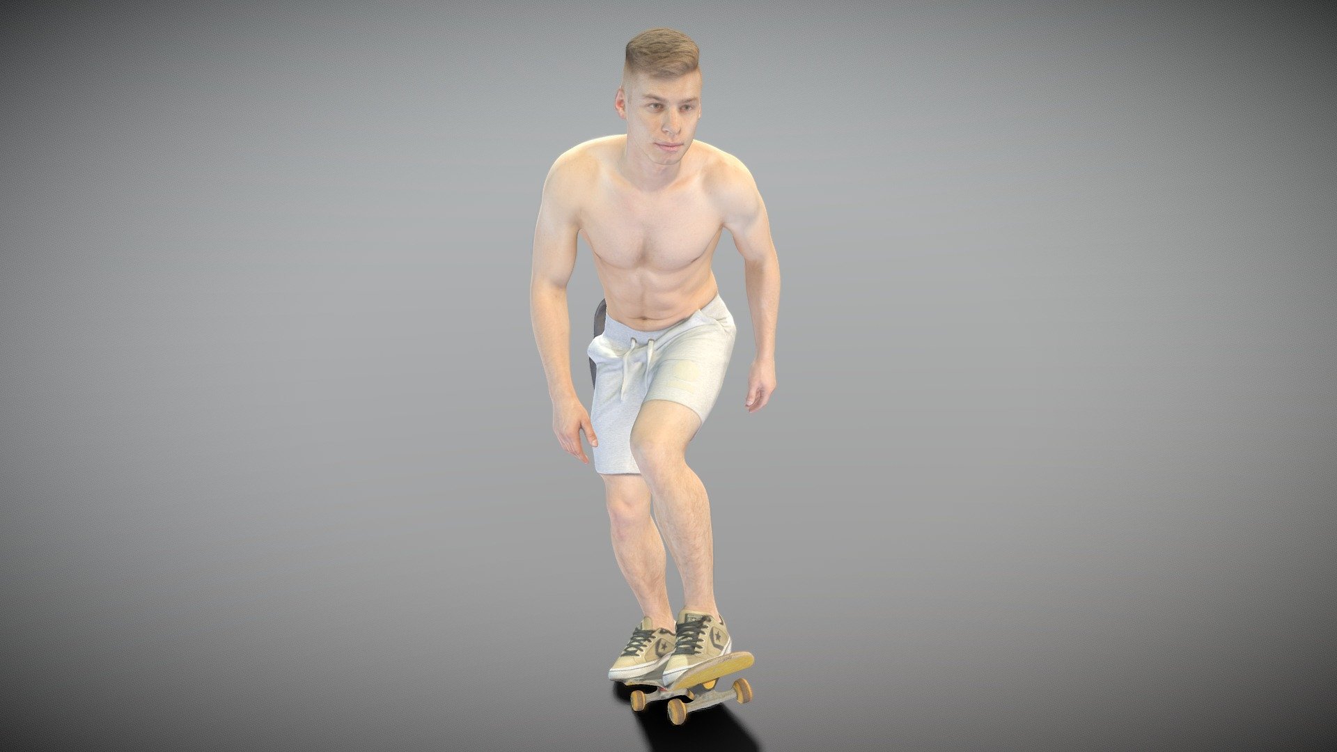 Shirtless man riding on a skateboard 191