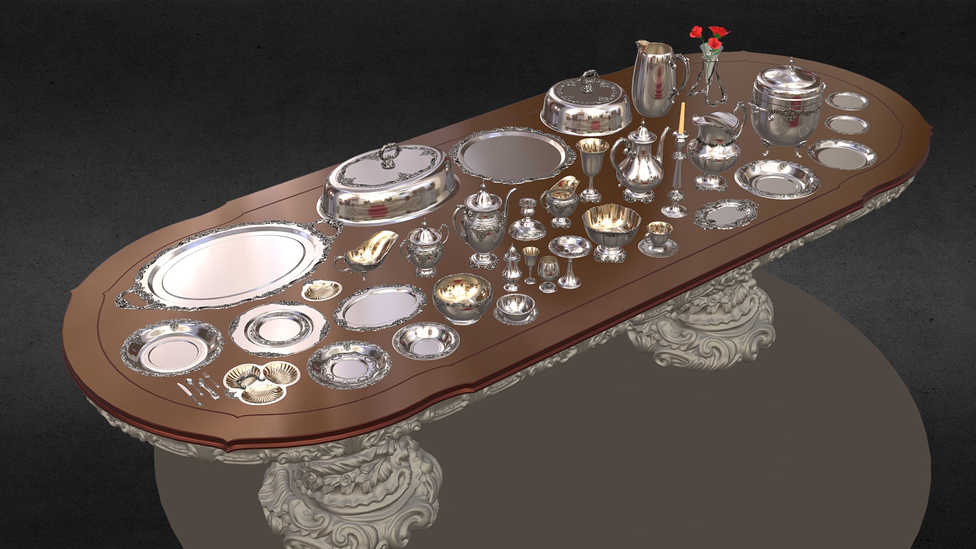 3D model Silver holloware service set - This is a 3D model of the Silver holloware service set. The 3D model is about a table with plates and glasses on it.