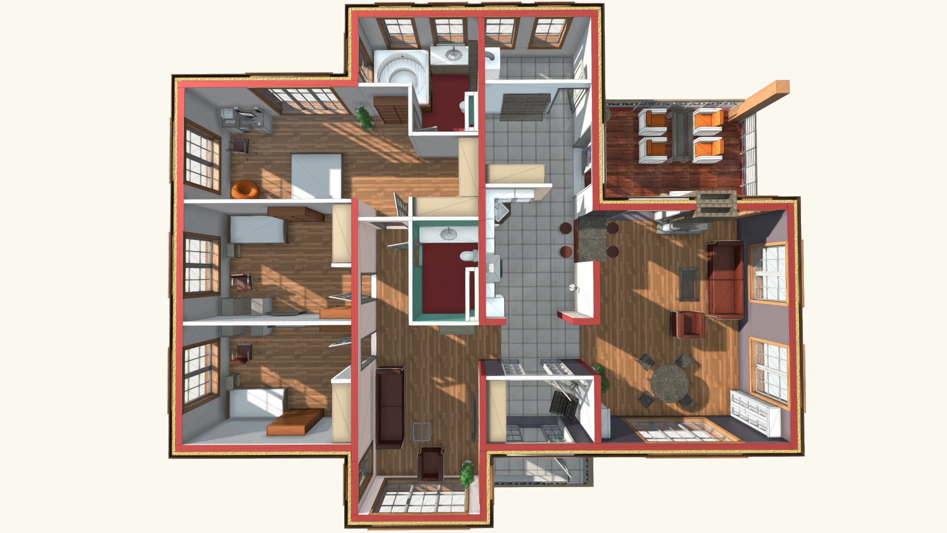 3D model 1 floor house plan 2016 / План загородного дома. - This is a 3D model of the 1 floor house plan 2016 / План загородного дома.. The 3D model is about a house with a pool.