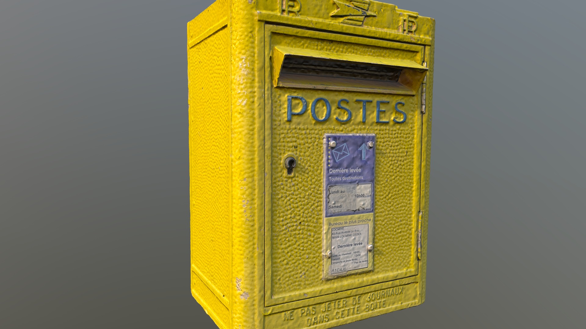3D model La Poste – French post-box  – 3Df Zephyr pro - This is a 3D model of the La Poste - French post-box  - 3Df Zephyr pro. The 3D model is about a yellow box with a sign on it.