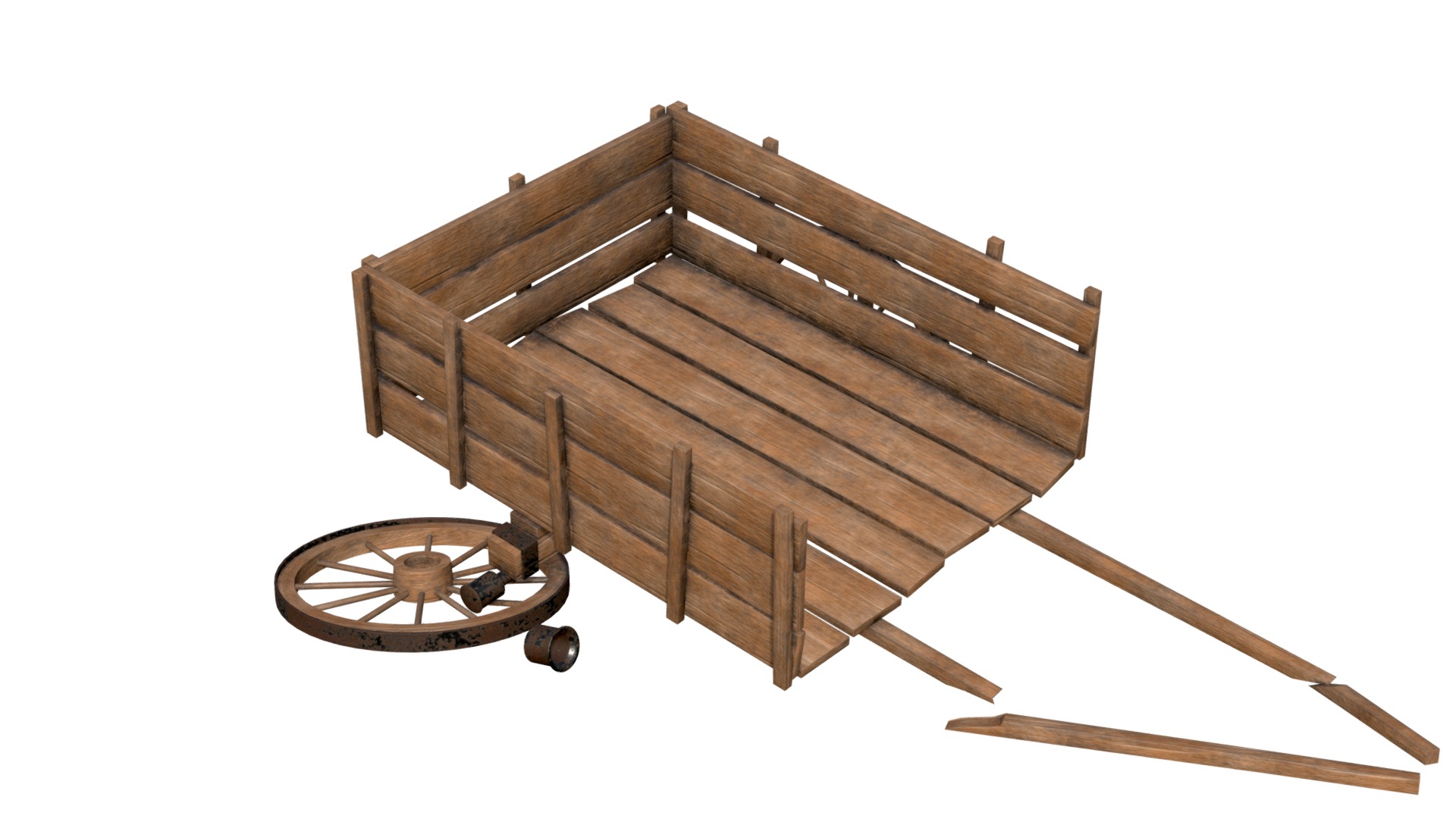 3D model Wooden cart broken - This is a 3D model of the Wooden cart broken. The 3D model is about a wooden table with a wheel.
