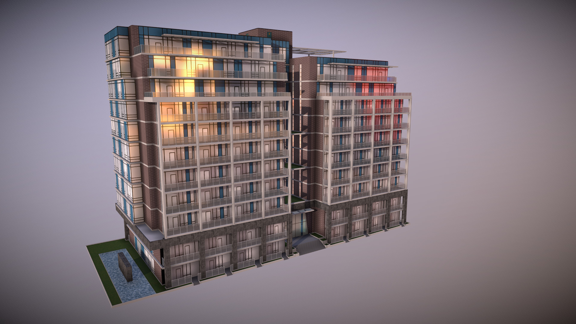 3D model Condos - This is a 3D model of the Condos. The 3D model is about a tall building with a sign in front of it.