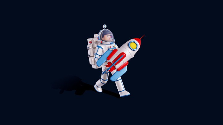 Cartoon astronaut in spacesuit with Rocket 3D Model