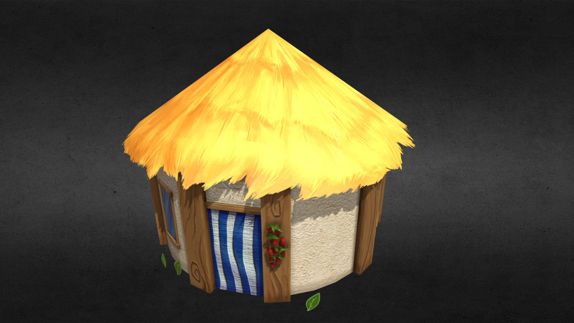 3D model Low poly stylized tribal tropical hut - This is a 3D model of the Low poly stylized tribal tropical hut. The 3D model is about a yellow umbrella with a blue and white striped umbrella.