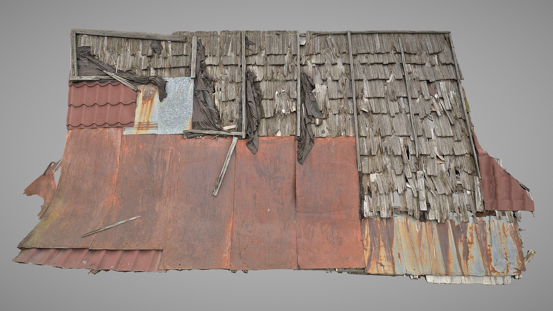 Old Shindle roof with rusted metal sheets - Buy Royalty Free 3D model ...