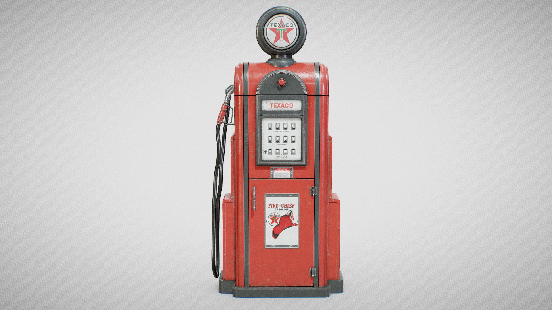 3D model Gas Pump – Texaco 60s (Used) - This is a 3D model of the Gas Pump - Texaco 60s (Used). The 3D model is about a red and black fire alarm.