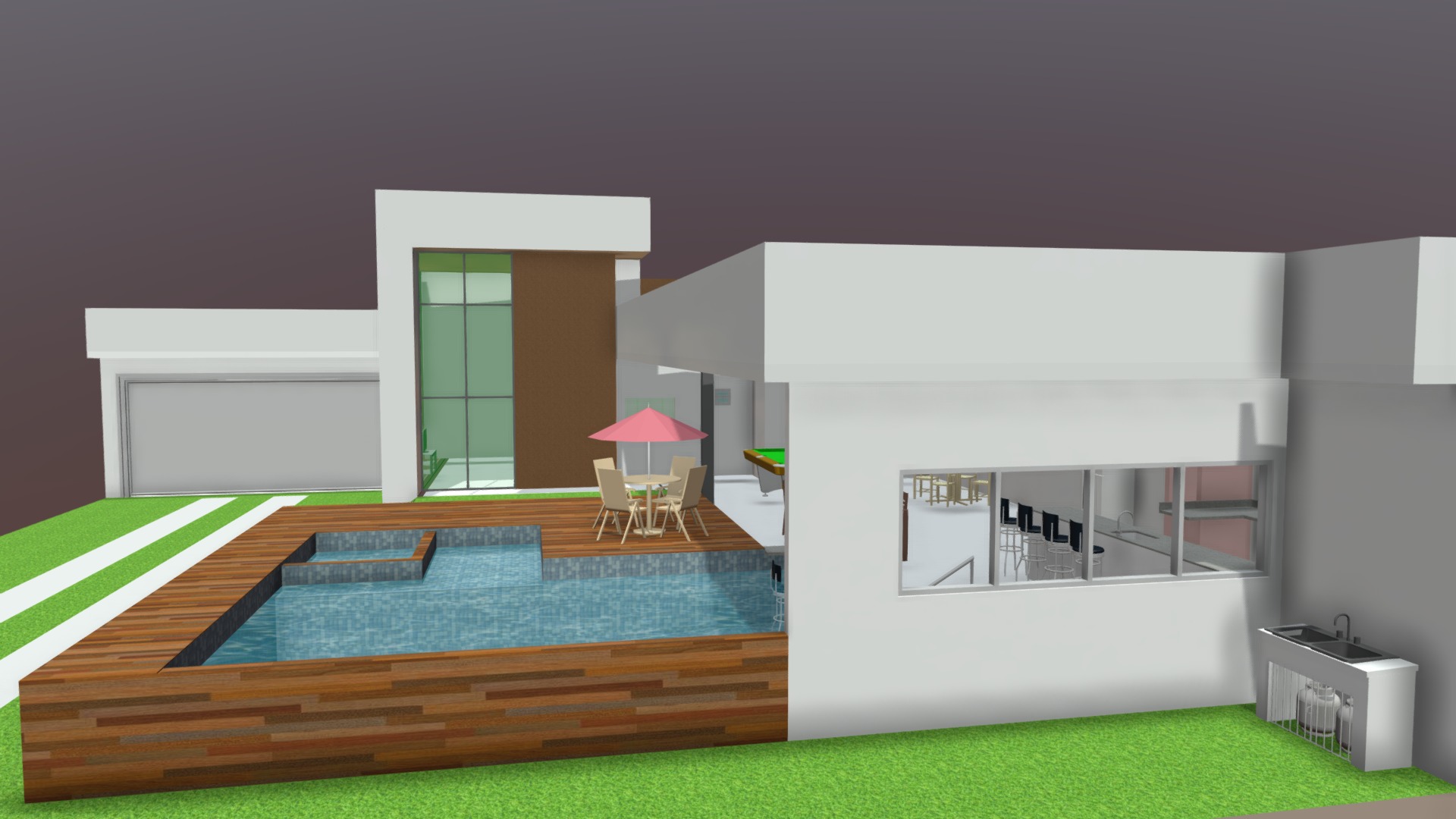 3D model RANCHO MODELO TÉRREO - This is a 3D model of the RANCHO MODELO TÉRREO. The 3D model is about a room with a pool and a couch.
