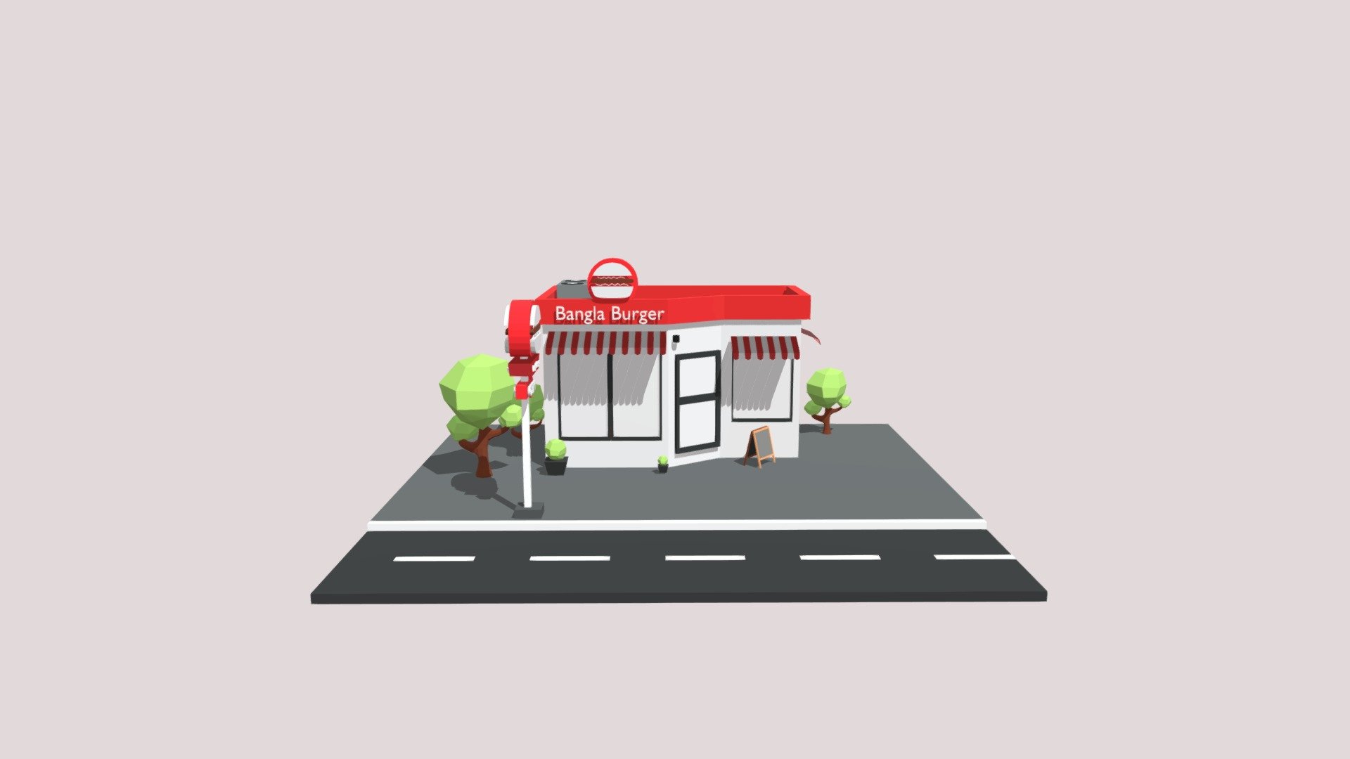 Low Poly Coffee shop Building Road side