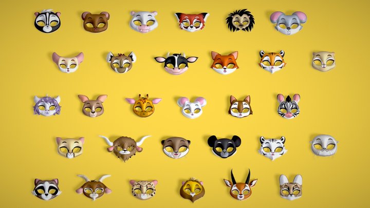 Low Poly Kids Cartoon Animal Face Mask Pack 4 3D Model