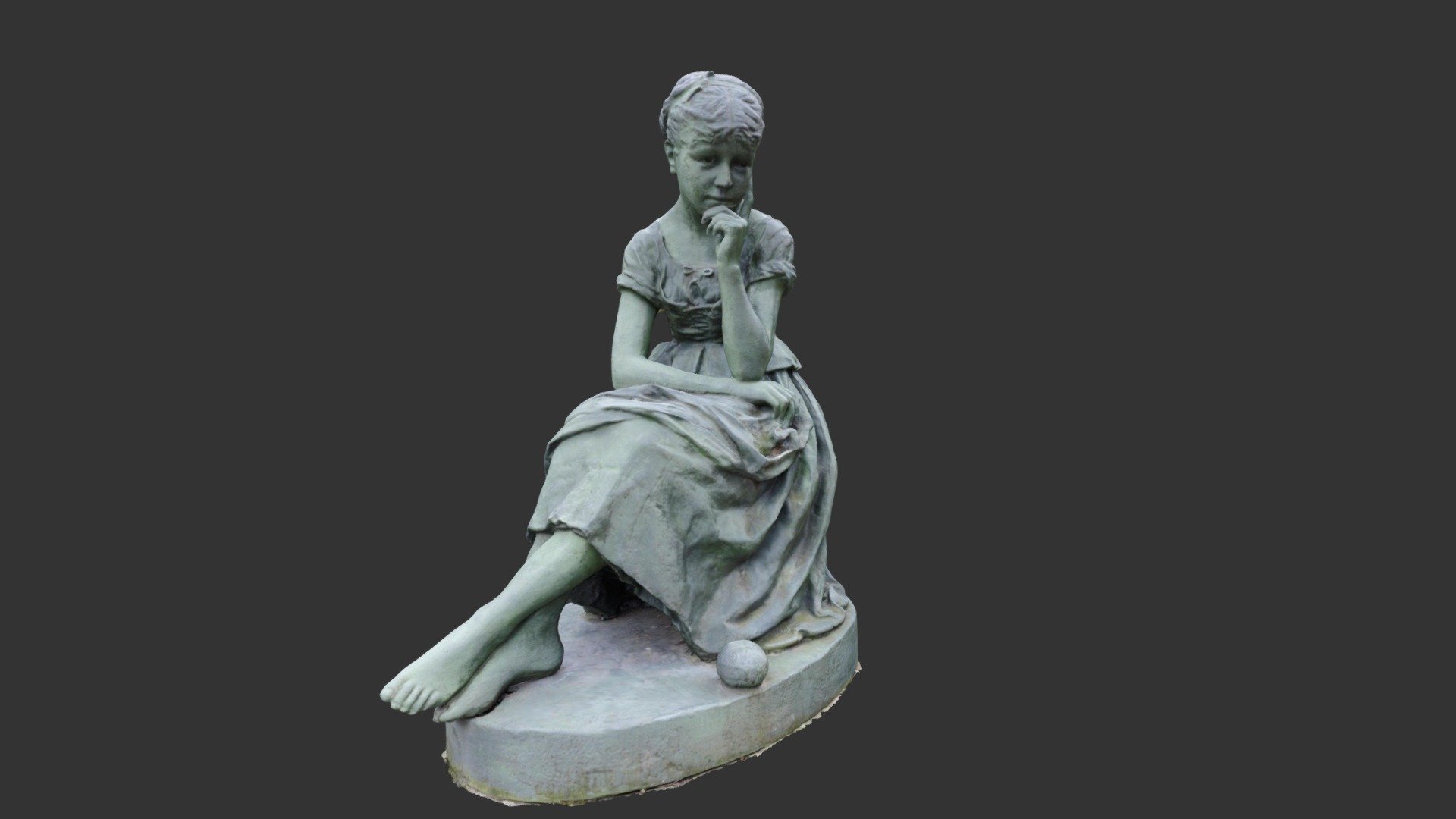 A stone statue of a person standing on a pillar by a river.