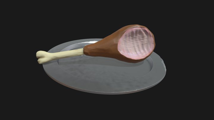 Stylized Fried Chicken Leg On Platter 3D Model
