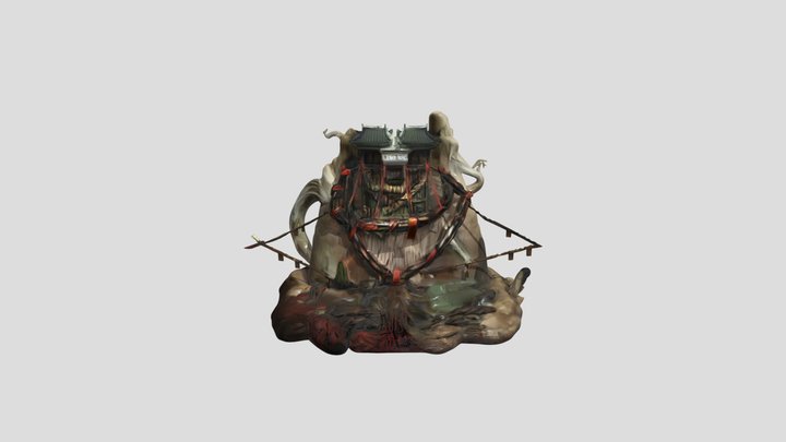 Small shrine bound to a rocky mound with chains 3D Model