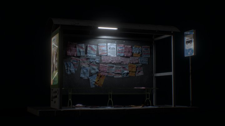A bus stop with flyers of fast credits 3D Model