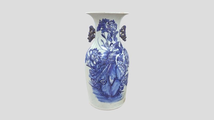 豆青青花孔雀牡丹纹双耳瓶 3D Model