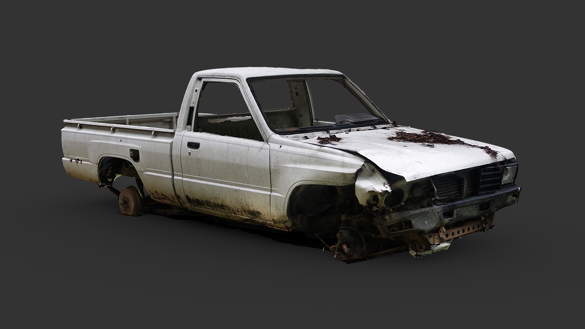 3D model Trashed Pickup (Raw Scan) - This is a 3D model of the Trashed Pickup (Raw Scan). The 3D model is about a white car with a black background.