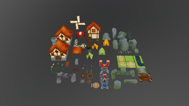 FREE Medieval Village Low Poly NPR pack 3D Model