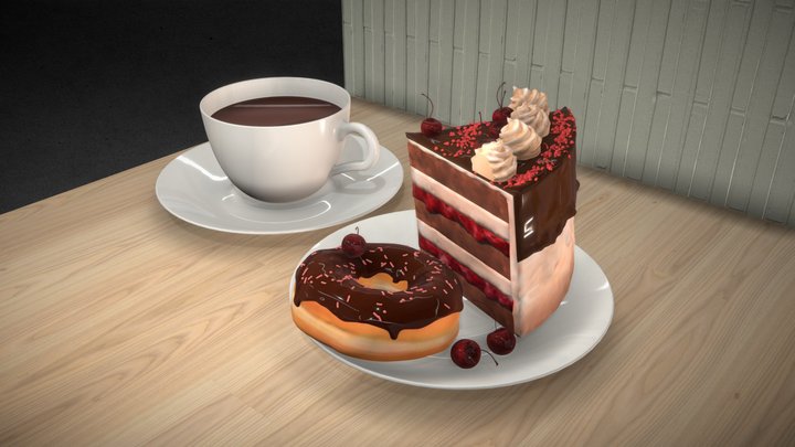 High-poly composition: coffee, donut and cake 3D Model