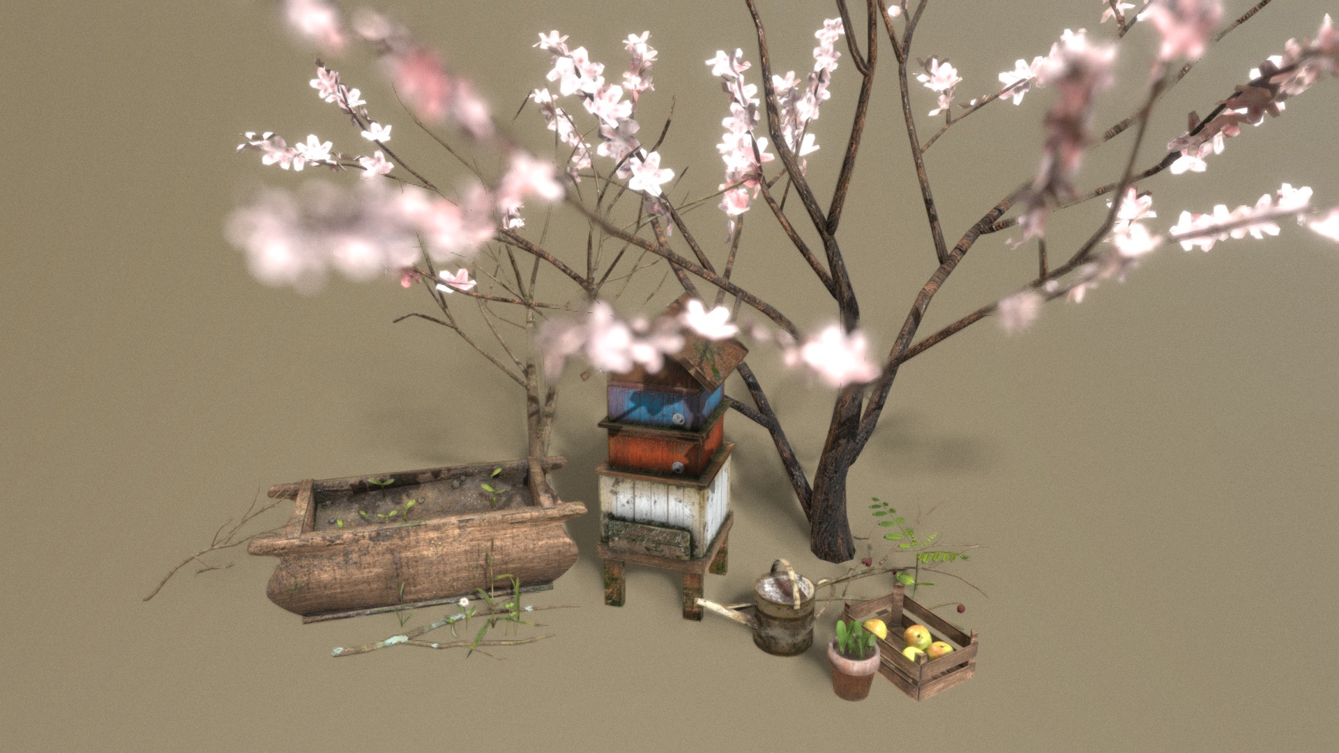 3D model Spring Garden / Asset Pack - This is a 3D model of the Spring Garden / Asset Pack. The 3D model is about a tree with pink flowers.