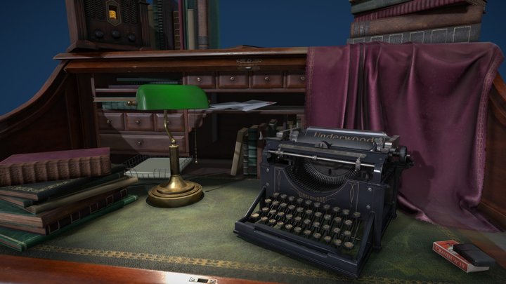 Desk and Typewriter Scene 3D Model