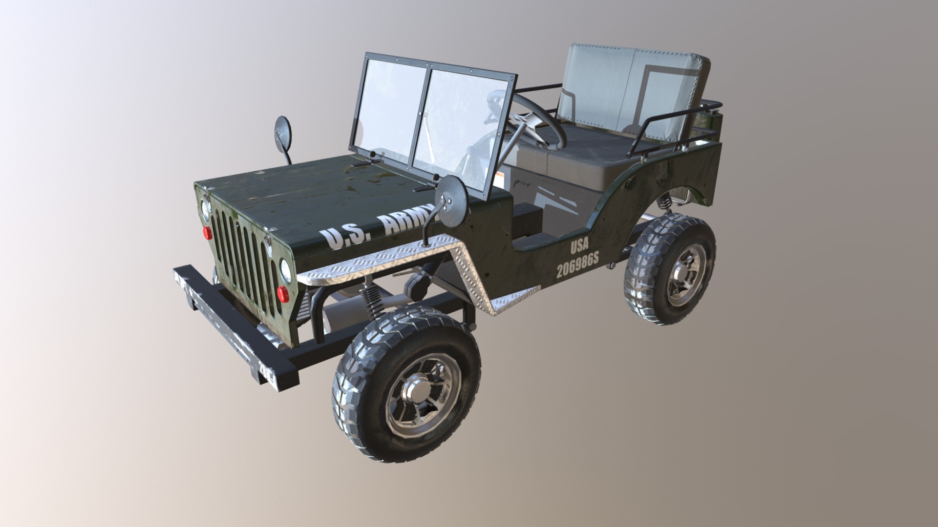 3D model Go Kart Willys Jeep (lowpole) - This is a 3D model of the Go Kart Willys Jeep (lowpole). The 3D model is about a toy vehicle with a sidecar.