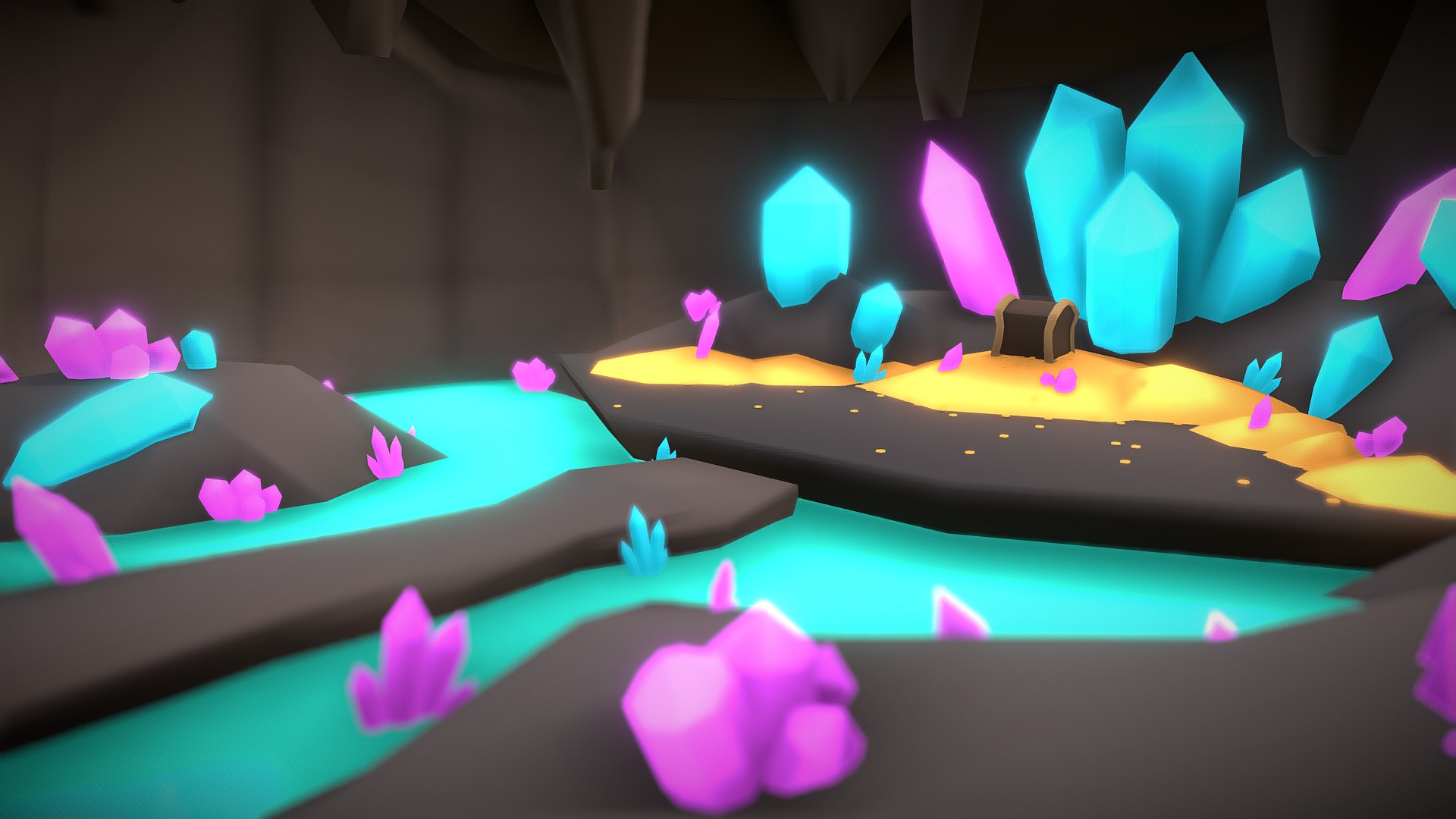 3D model Treasure Cave Low Poly fantasy Game Scene - This is a 3D model of the Treasure Cave Low Poly fantasy Game Scene. The 3D model is about a group of colorful objects.