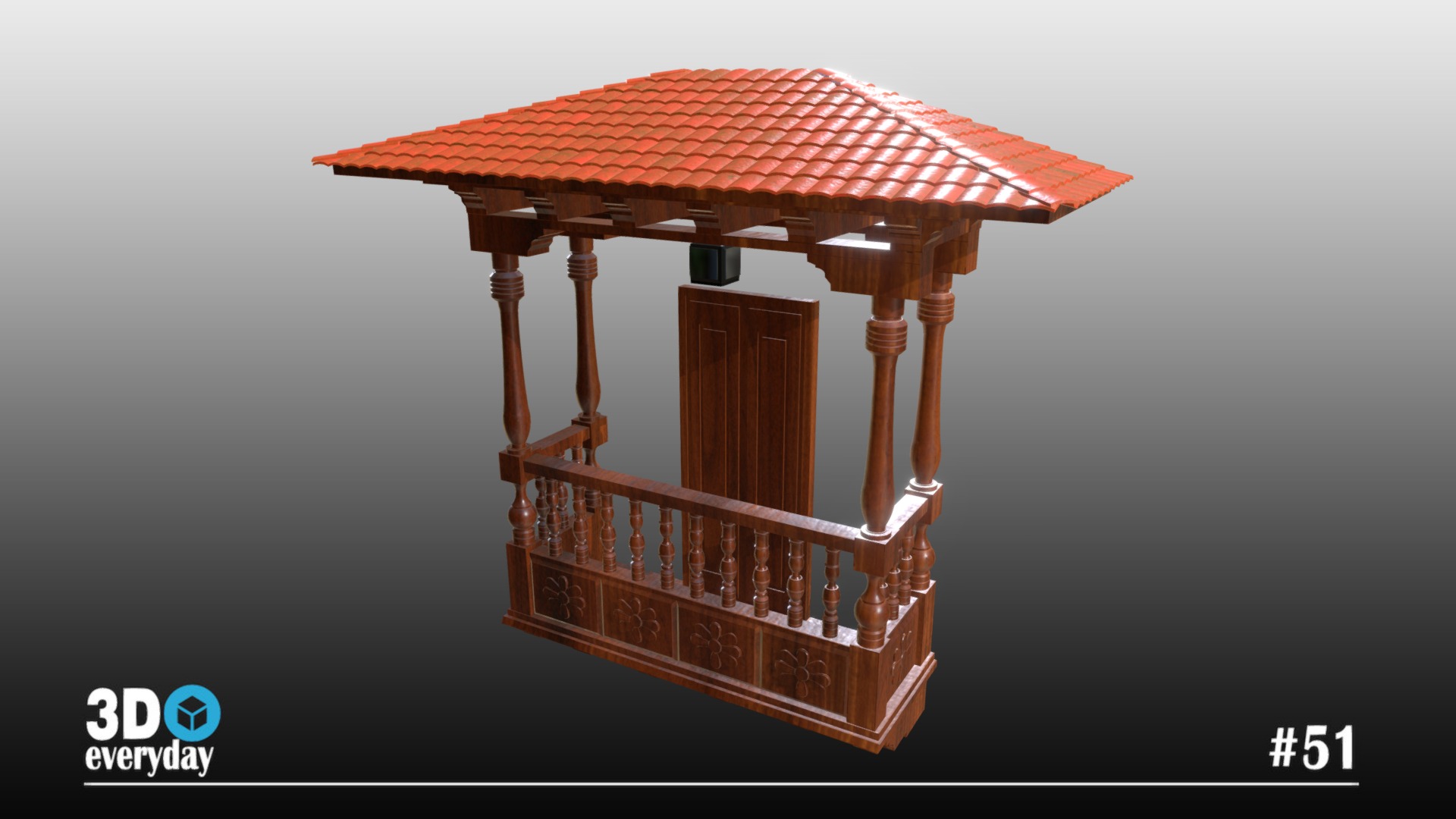 3D model Day#51: Canary balcony - This is a 3D model of the Day#51: Canary balcony. The 3D model is about a wooden structure with a roof.