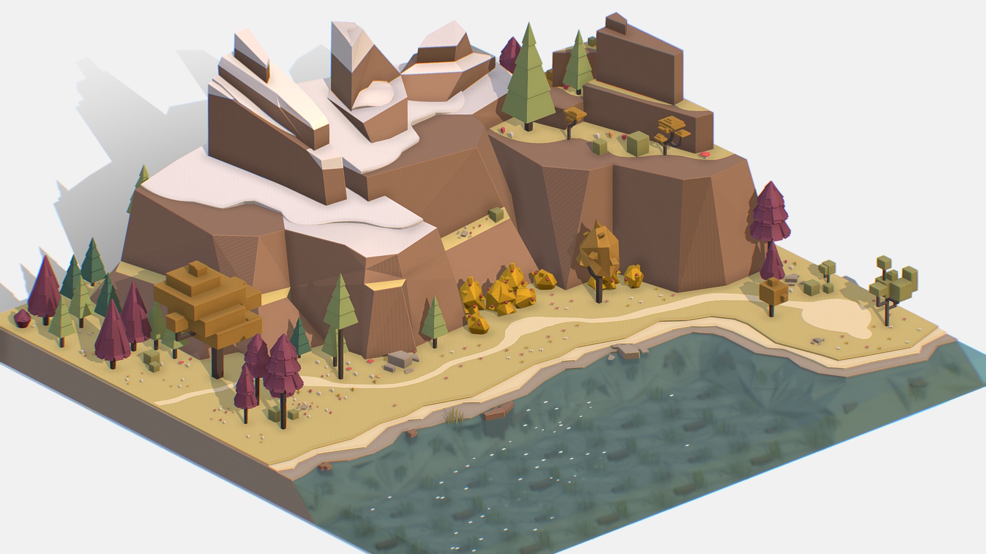 3D model Isometric style lake autumn mountain landscape - This is a 3D model of the Isometric style lake autumn mountain landscape. The 3D model is about a toy house on a table.