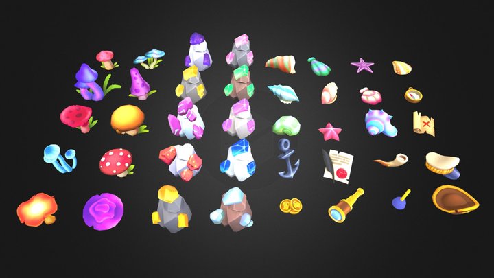 Low-poly mushroom, shell, rocks, and treasure 3D Model