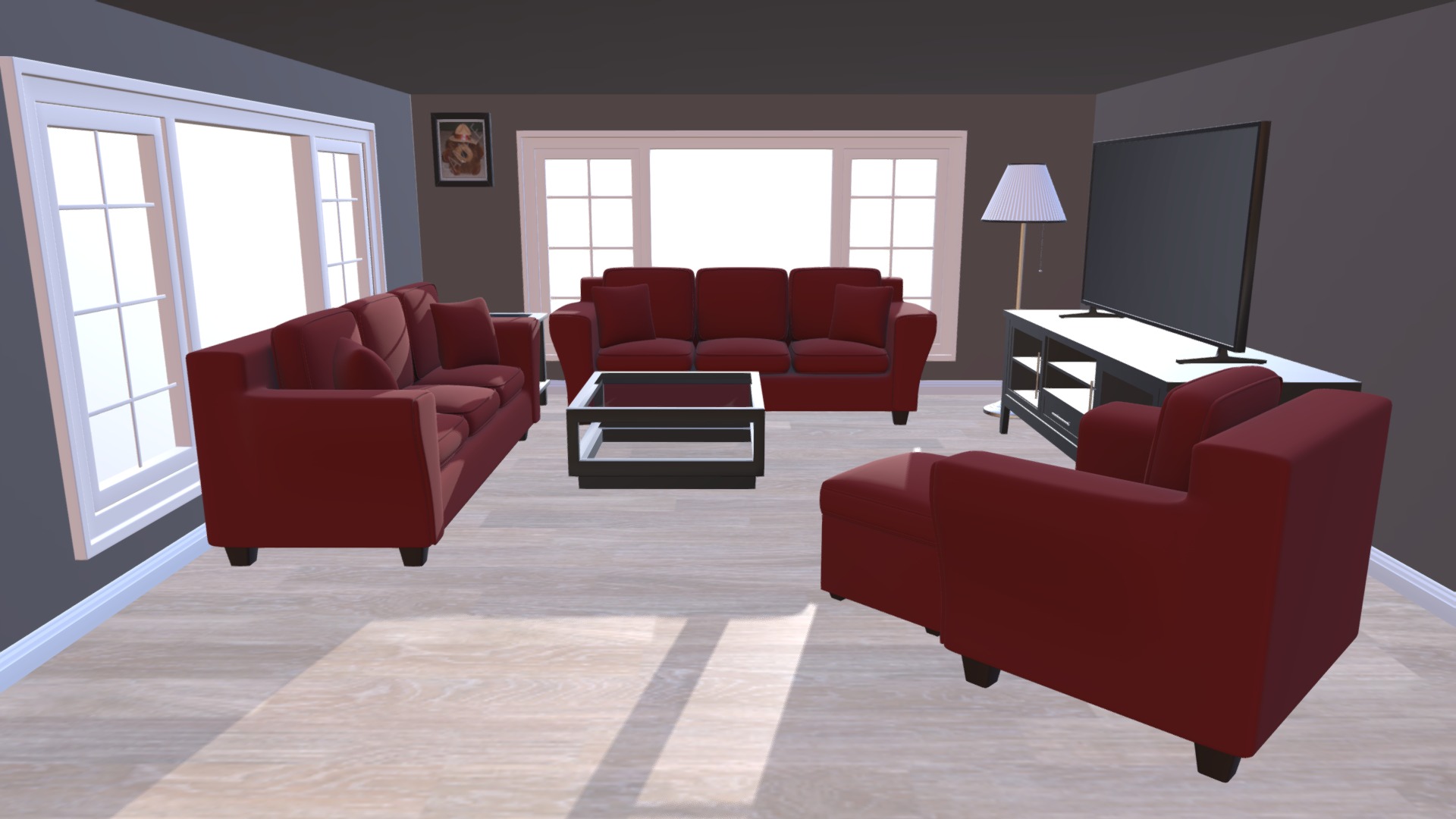 3D model Modern Living Room Scene - This is a 3D model of the Modern Living Room Scene. The 3D model is about a living room with red couches.
