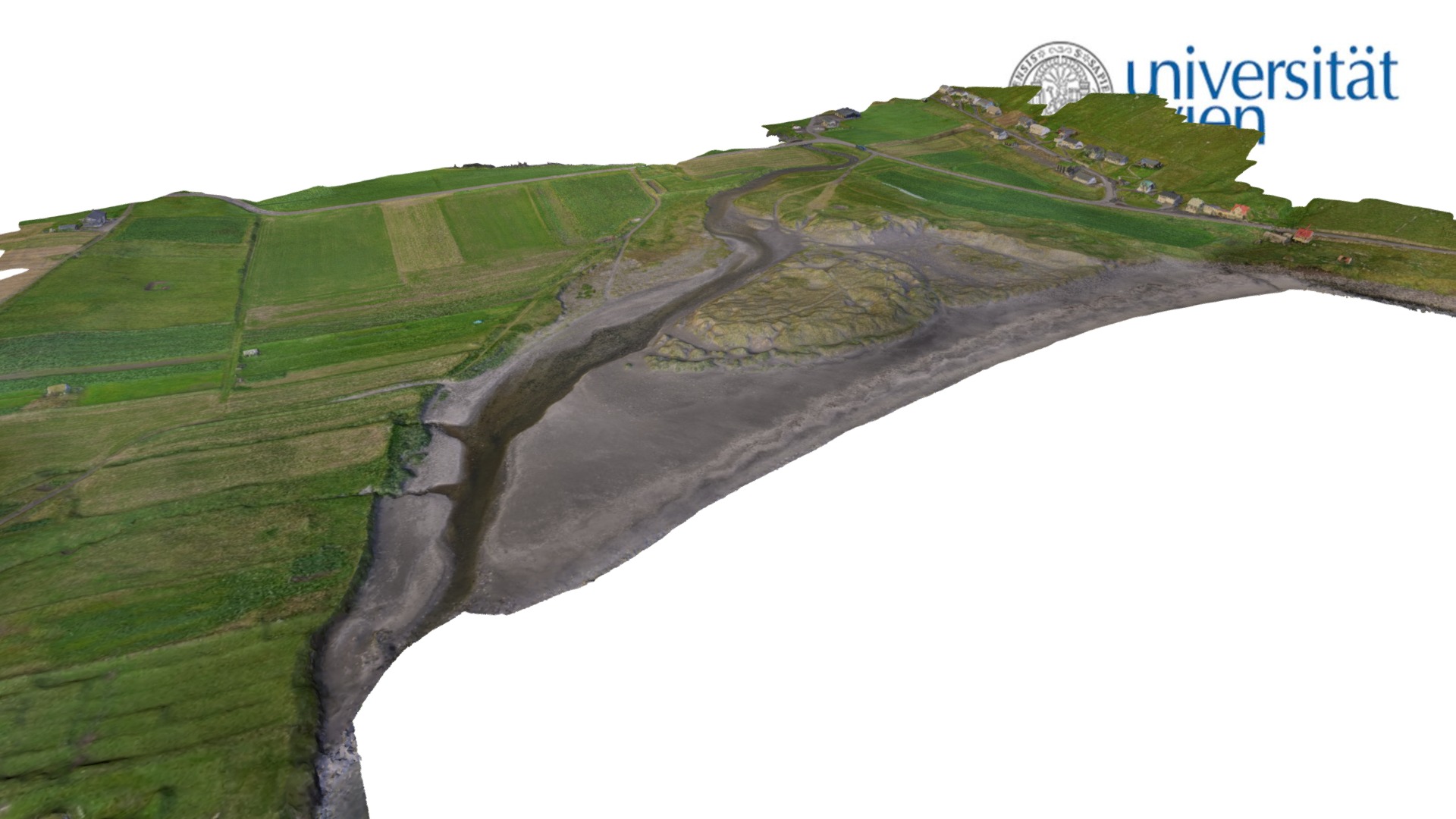 3D model Coastal landscape – Sandur, Faroe Islands - This is a 3D model of the Coastal landscape - Sandur, Faroe Islands. The 3D model is about a large waterfall in a green landscape.