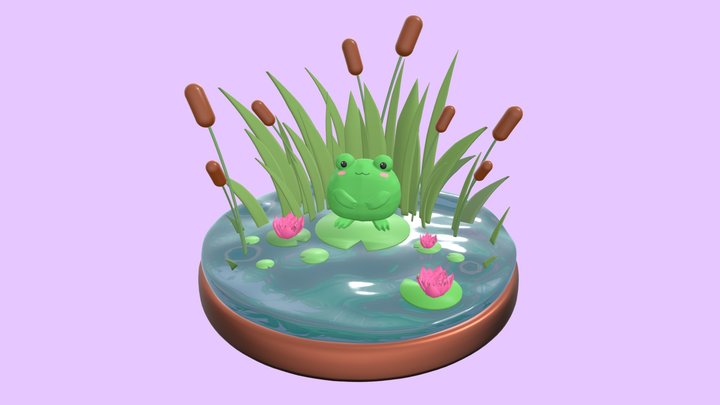 Cute Froggy at the Pond Figurine 3D Model
