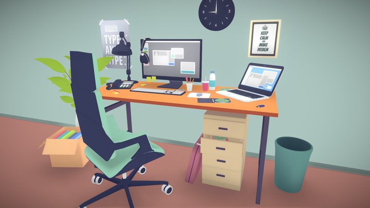 Office set in toon 3d style 3D Model