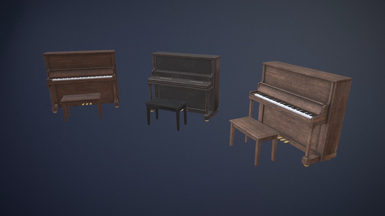 3D model Old Piano game-ready asset - This is a 3D model of the Old Piano game-ready asset. The 3D model is about a group of wooden chairs.