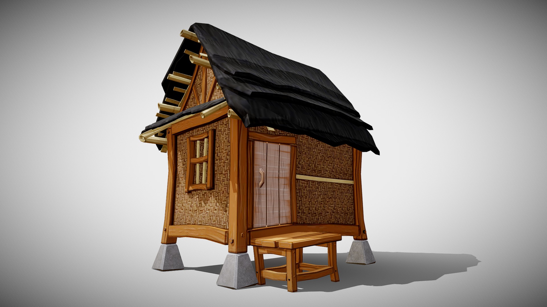 3D model Low Poly House ‘Julang Ngapak’ - This is a 3D model of the Low Poly House 'Julang Ngapak'. The 3D model is about a wooden house with a black umbrella.