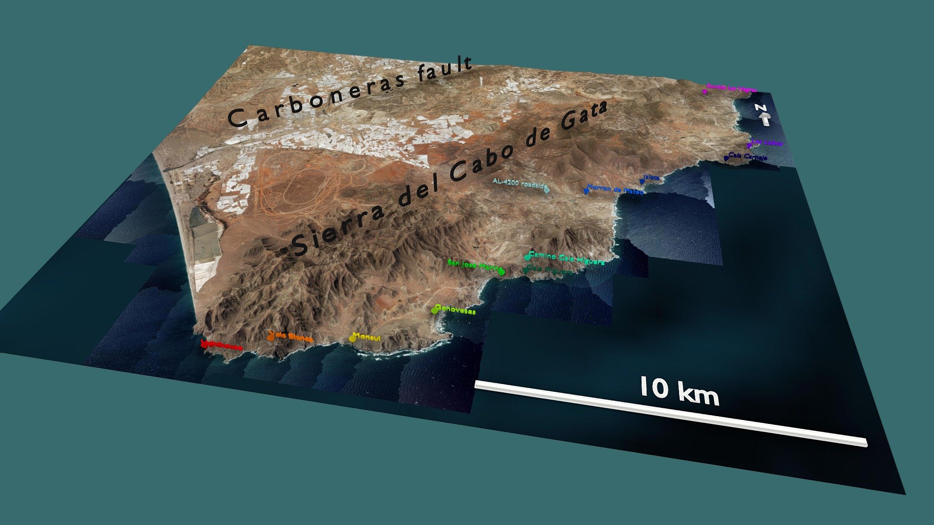 3D map of Cabo De Gata with virtual trip stops