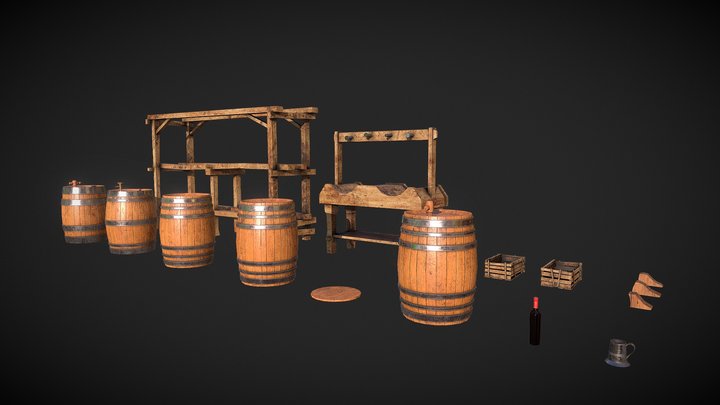 Barrels Wine Cellar - Low Poly Props (Update) 3D Model