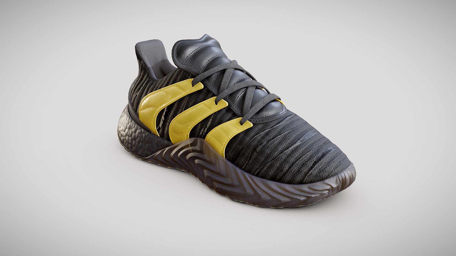 3D model Adidas Sobakov 2.0 Originals black - This is a 3D model of the Adidas Sobakov 2.0 Originals black. The 3D model is about a black and yellow shoe.