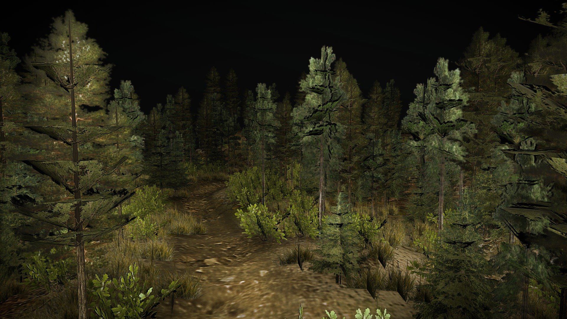 a forest (3) with a road at night for game — Sketchfab embed 3D viewer