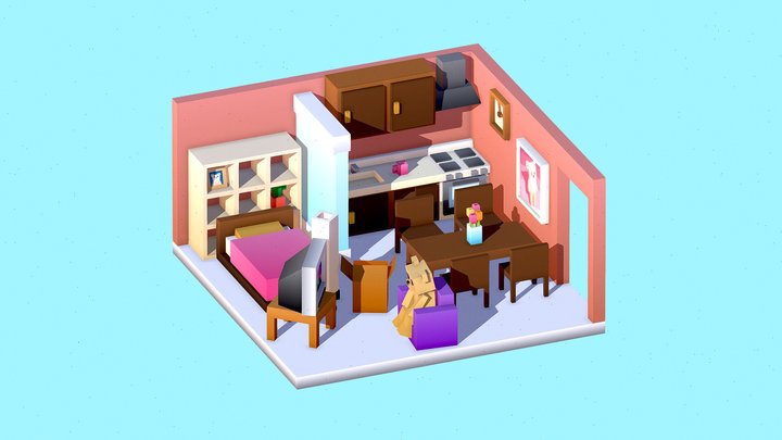 Isometric Cute Low-poly Room 3D Model