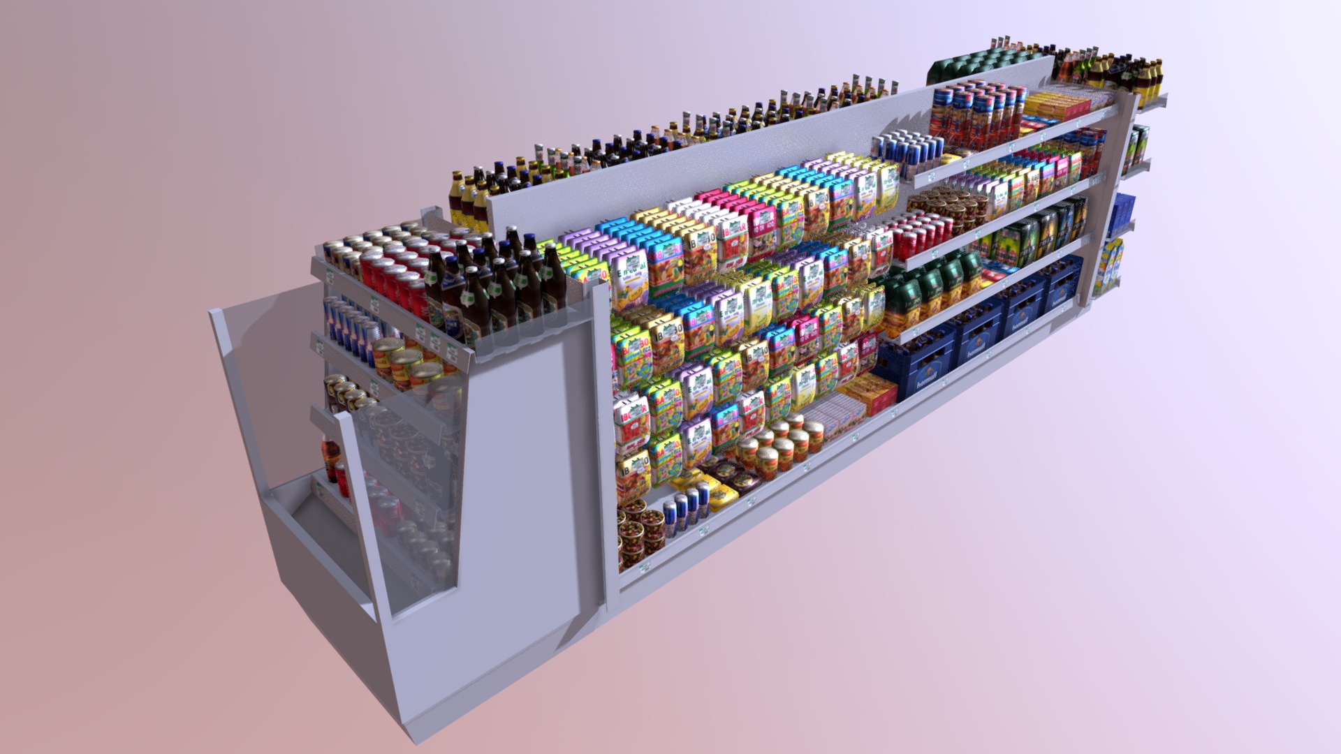 3D model store shelf - This is a 3D model of the store shelf. The 3D model is about a large white box with bottles inside.
