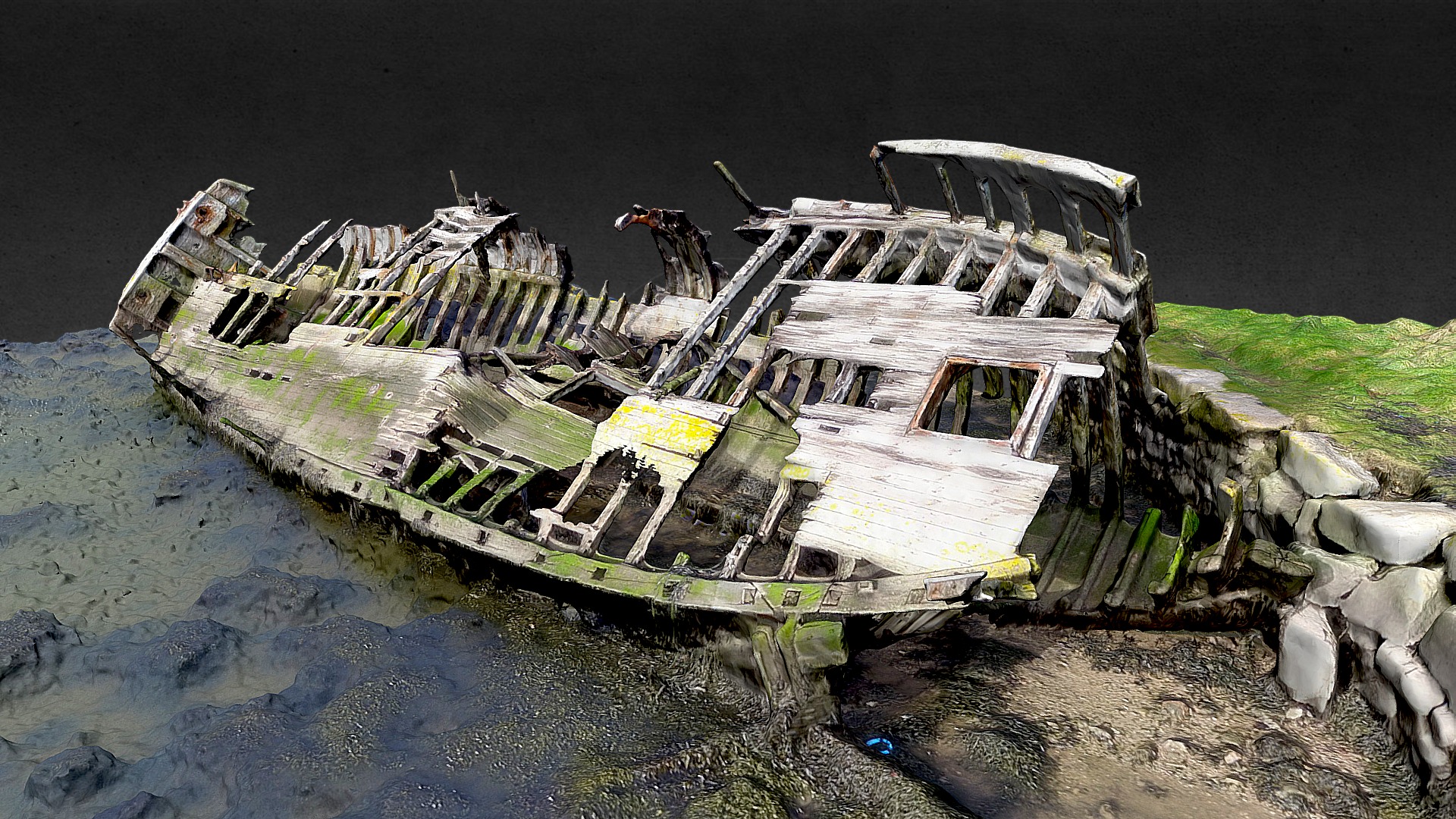 3D model Shipwreck, Hooe Lake, Plymouth - This is a 3D model of the Shipwreck, Hooe Lake, Plymouth. The 3D model is about a boat with many objects on it.