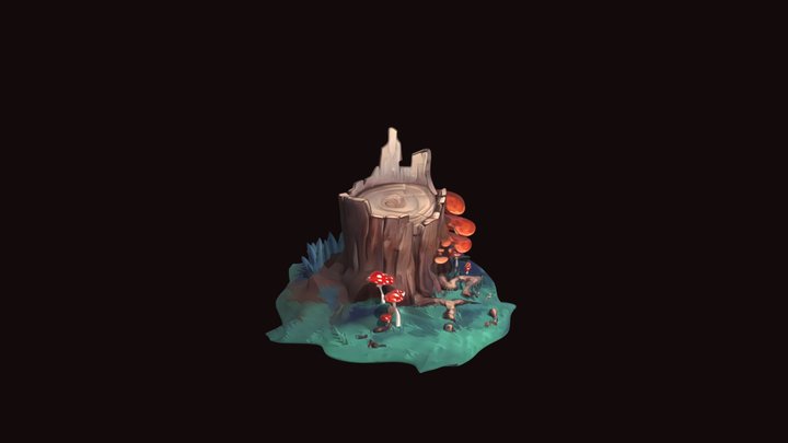 Stylized fantasy tree stump with mushrooms
