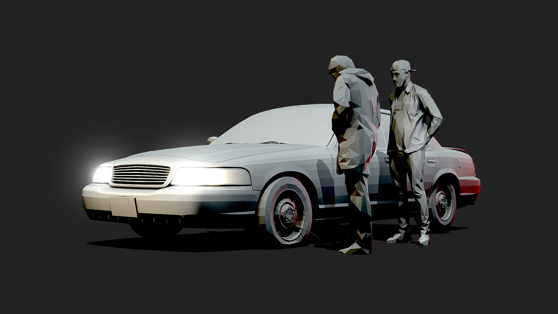 3D model Road Accident [Alternative Render] - This is a 3D model of the Road Accident [Alternative Render]. The 3D model is about a couple of men in white suits standing next to a white car.